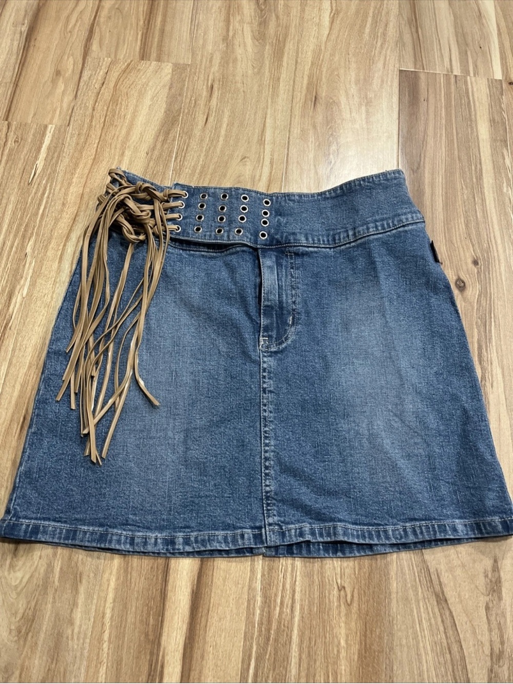 Revolt Jeans Blue Denim Mini Skirt with Tan Fringe Lace-Up Waist